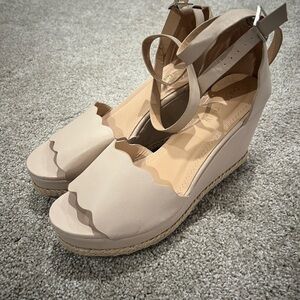 Chase + Chloe Scalloped Ankle-Strap Wedge Sandals in Light Beige